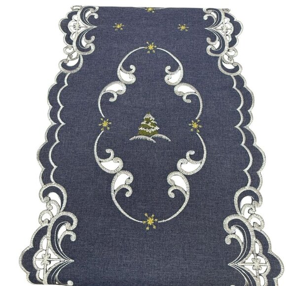 Christmas Table Runner Holiday Snowmen Blue 67" Long Embroidered - Picture 3 of 6